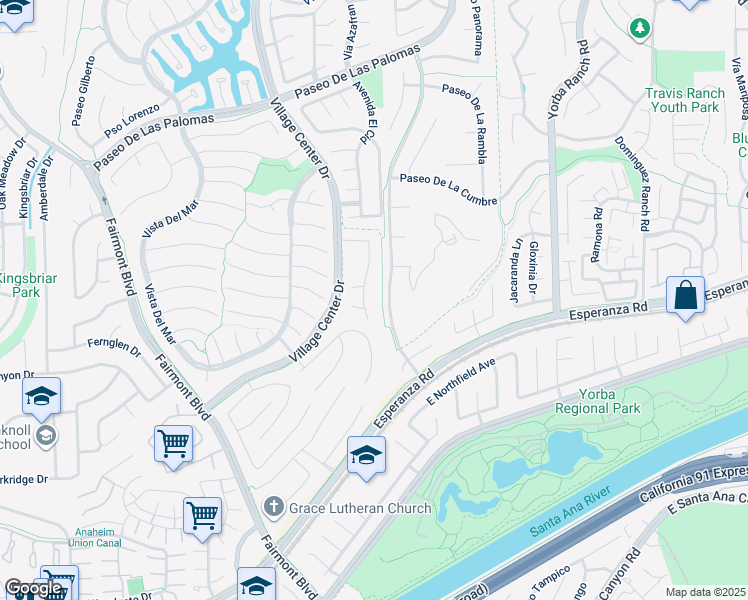 map of restaurants, bars, coffee shops, grocery stores, and more near 5770 Southview Drive in Yorba Linda