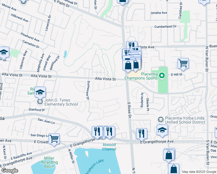 map of restaurants, bars, coffee shops, grocery stores, and more near 501 Newman Circle in Placentia