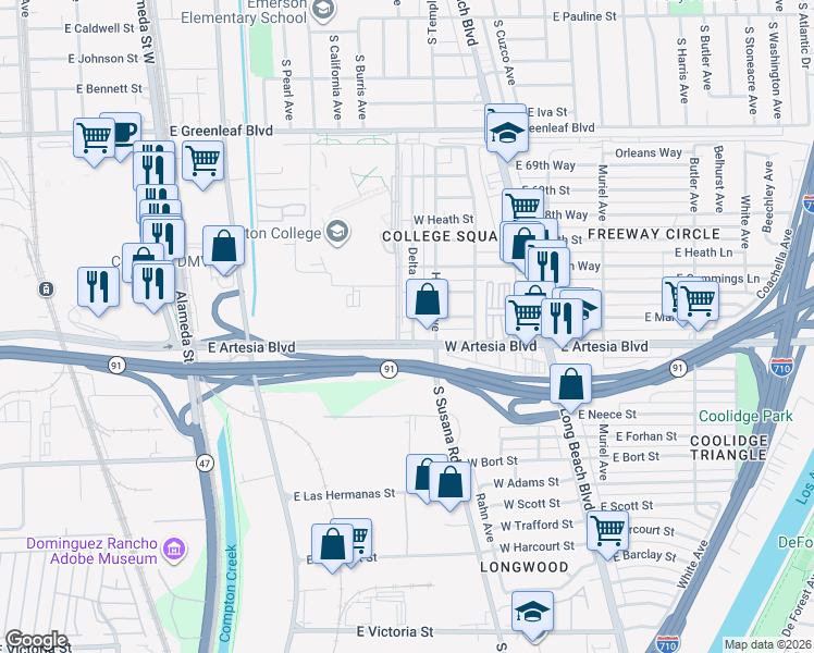 map of restaurants, bars, coffee shops, grocery stores, and more near 6625 Delta Ave in Long Beach