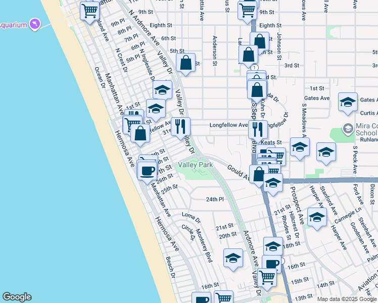 map of restaurants, bars, coffee shops, grocery stores, and more near 502 28th Street in Hermosa Beach