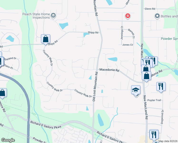 map of restaurants, bars, coffee shops, grocery stores, and more near 4509 Legend Hollow Lane in Powder Springs