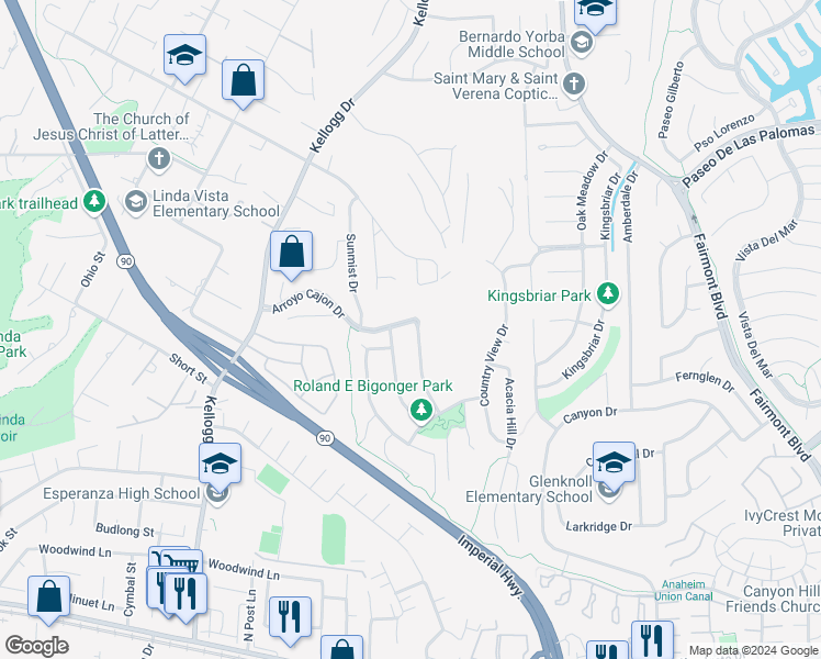 map of restaurants, bars, coffee shops, grocery stores, and more near 6001 Foxfield Lane in Yorba Linda