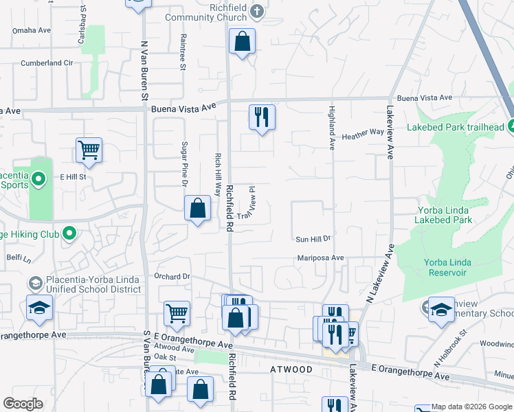 map of restaurants, bars, coffee shops, grocery stores, and more near 5971 Trail View Place in Yorba Linda