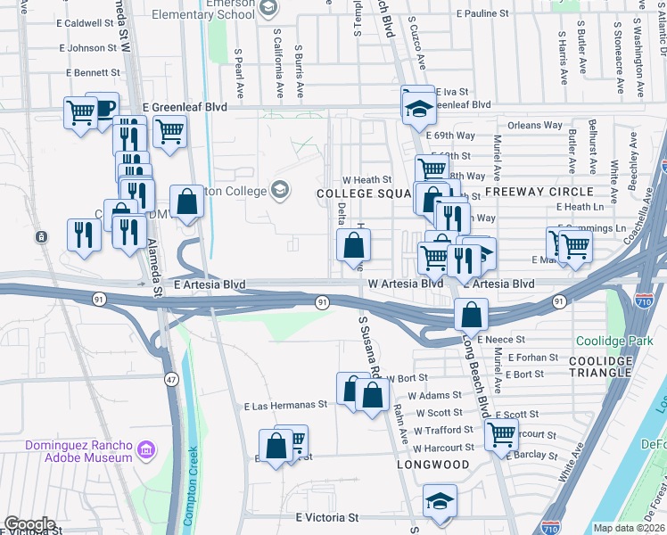 map of restaurants, bars, coffee shops, grocery stores, and more near 6625 Delta Avenue in Long Beach