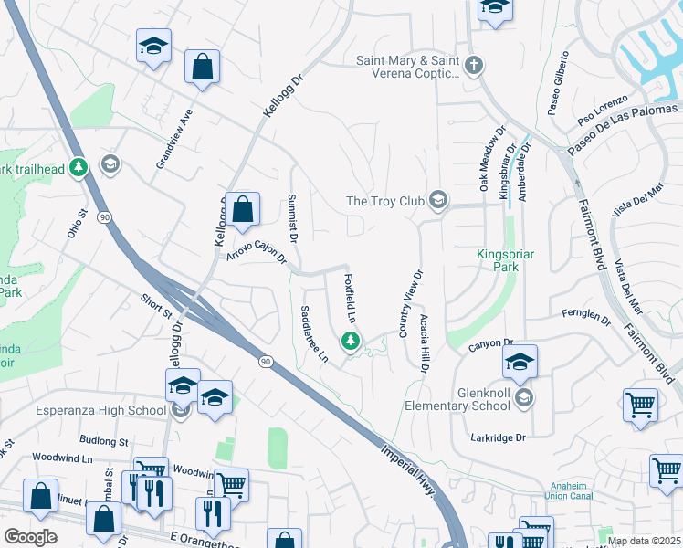map of restaurants, bars, coffee shops, grocery stores, and more near 6001 Foxfield Lane in Yorba Linda