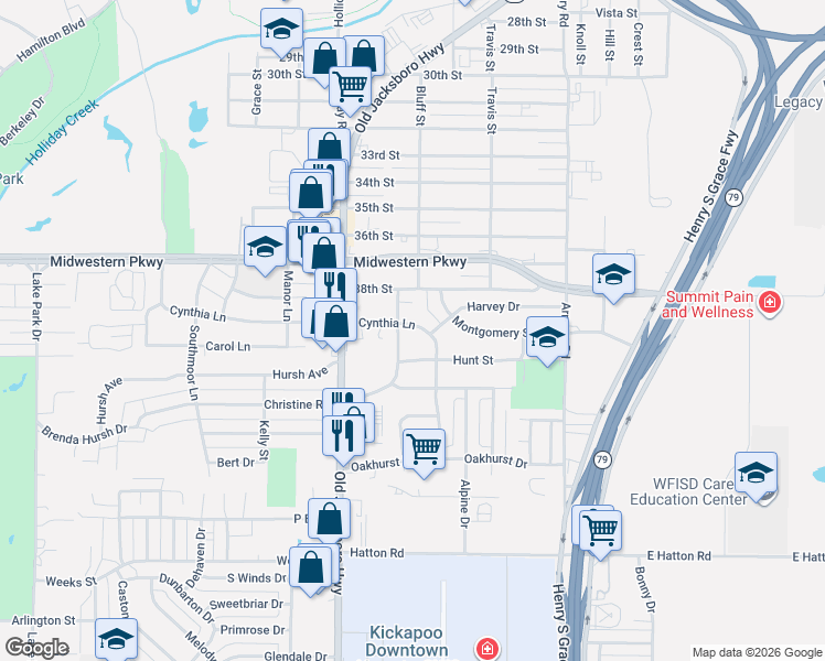 map of restaurants, bars, coffee shops, grocery stores, and more near 3905 Parker Boulevard in Wichita Falls
