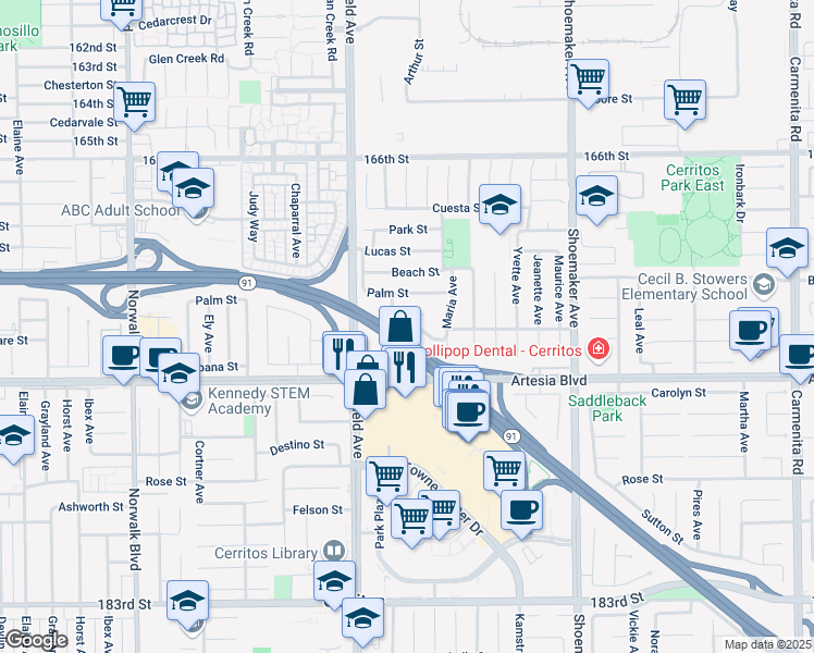 map of restaurants, bars, coffee shops, grocery stores, and more near 17143 Michael Avenue in Cerritos