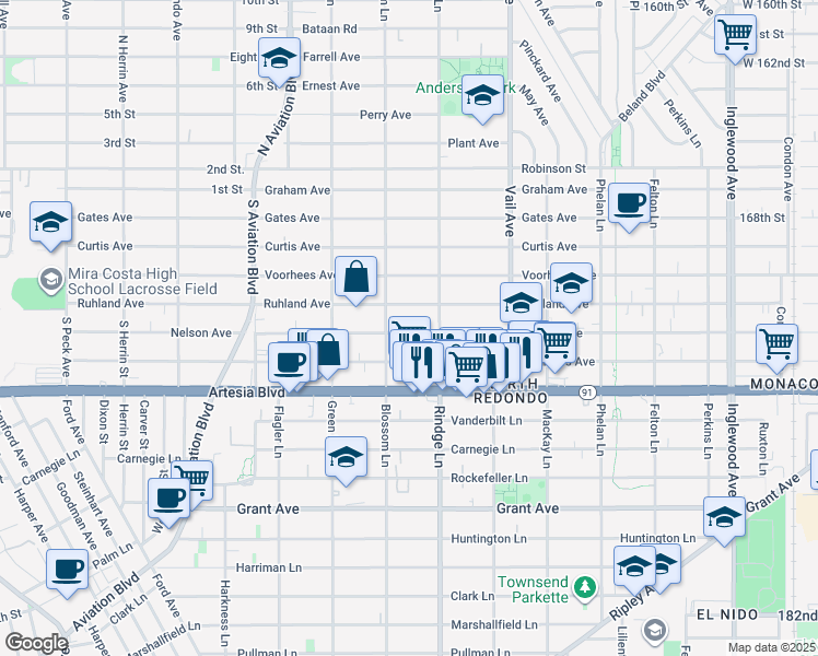 map of restaurants, bars, coffee shops, grocery stores, and more near 2111 Nelson Avenue in Redondo Beach
