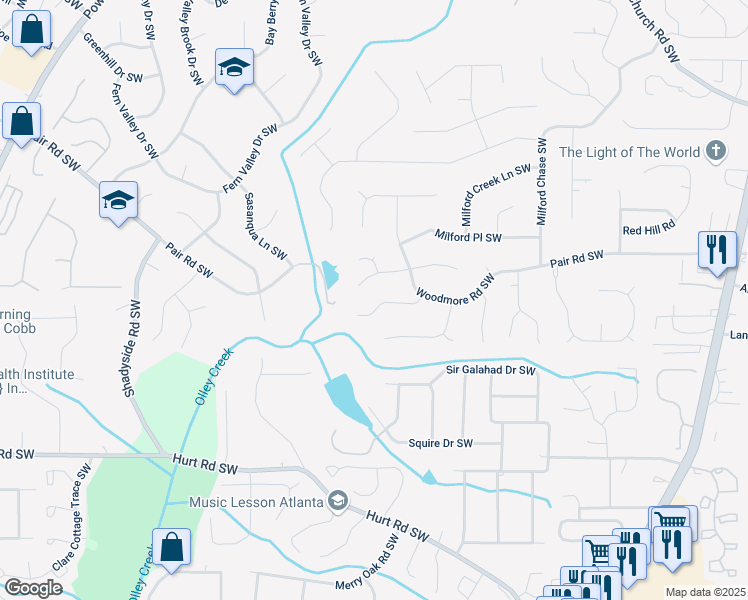 map of restaurants, bars, coffee shops, grocery stores, and more near 1628 Sparrow Wood Lane in Marietta