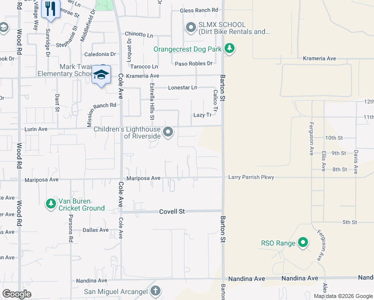 map of restaurants, bars, coffee shops, grocery stores, and more near 19820 Mariposa Avenue in Riverside