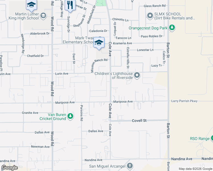 map of restaurants, bars, coffee shops, grocery stores, and more near 16840 Cole Avenue in Riverside