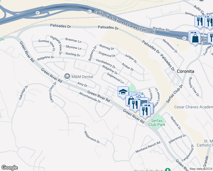map of restaurants, bars, coffee shops, grocery stores, and more near 3140 Castelar Court in Corona