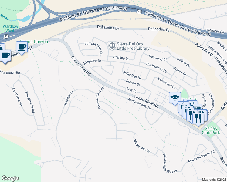 map of restaurants, bars, coffee shops, grocery stores, and more near 3450 Mountainside Circle in Corona