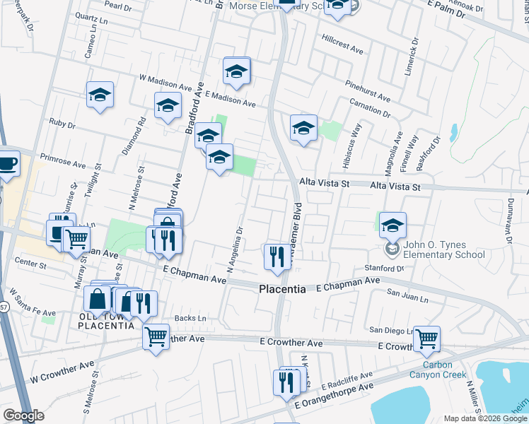map of restaurants, bars, coffee shops, grocery stores, and more near 343 Georgia Circle in Placentia