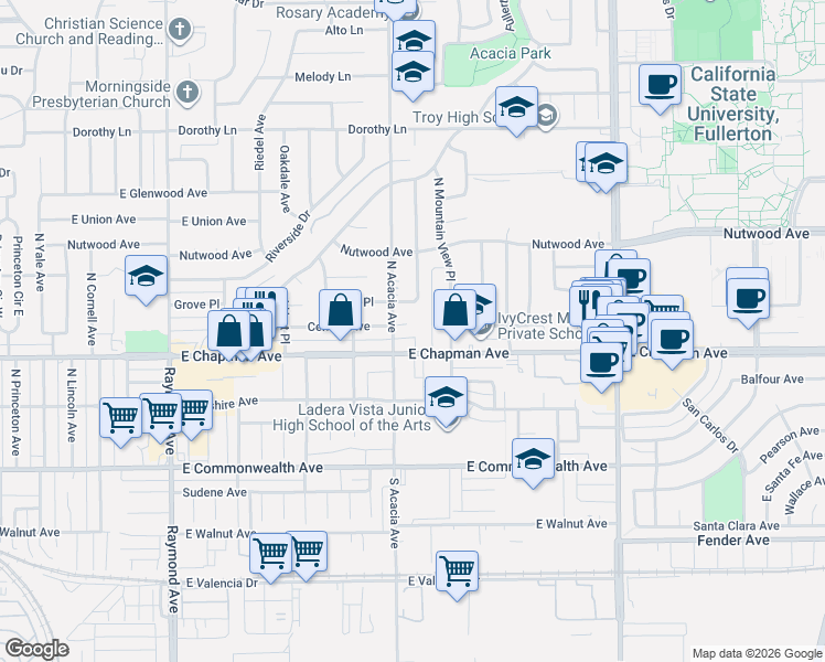 map of restaurants, bars, coffee shops, grocery stores, and more near 1821 East Chapman Avenue in Fullerton