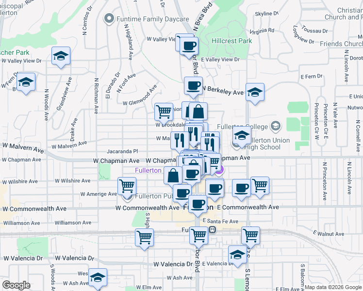 map of restaurants, bars, coffee shops, grocery stores, and more near in Fullerton