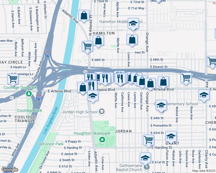map of restaurants, bars, coffee shops, grocery stores, and more near 707 East Artesia Boulevard in Long Beach