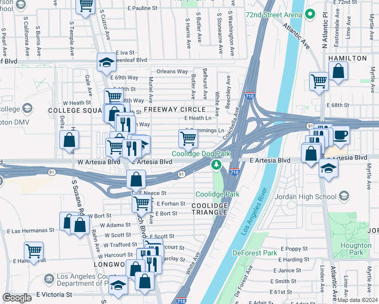 map of restaurants, bars, coffee shops, grocery stores, and more near 301 East Artesia Boulevard in Long Beach