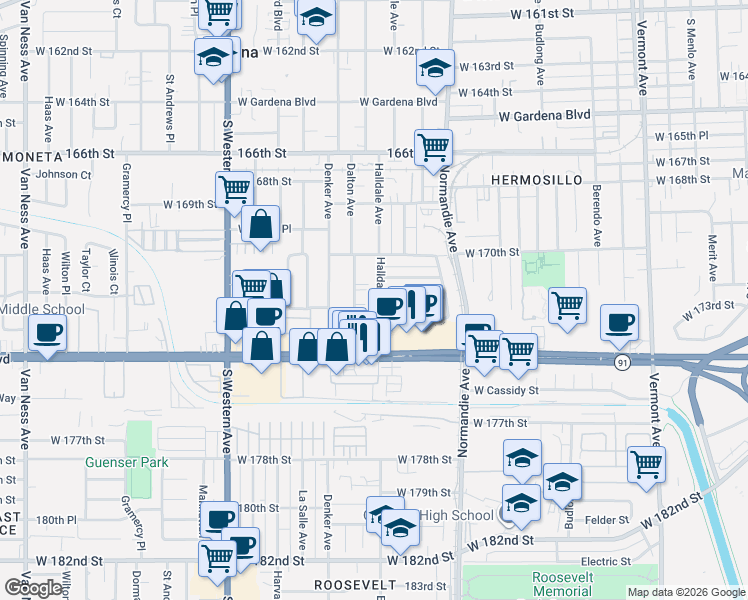 map of restaurants, bars, coffee shops, grocery stores, and more near 1519 West 173rd Street in Gardena