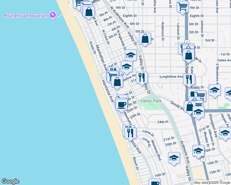 map of restaurants, bars, coffee shops, grocery stores, and more near 14 30th Place in Hermosa Beach