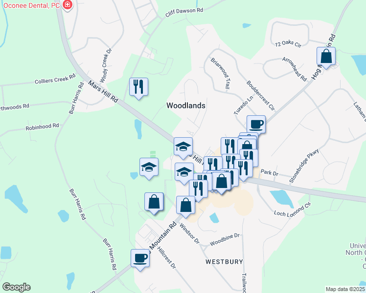 map of restaurants, bars, coffee shops, grocery stores, and more near 1120-1140 Mars Hill Road in Watkinsville
