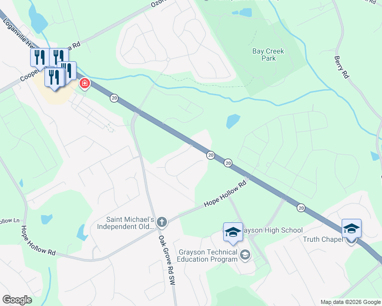 map of restaurants, bars, coffee shops, grocery stores, and more near 190 Lacey Oak Lane in Loganville