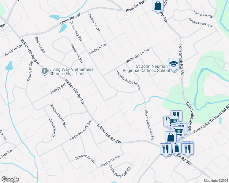 map of restaurants, bars, coffee shops, grocery stores, and more near 4158 Valley Drive Southwest in Lilburn