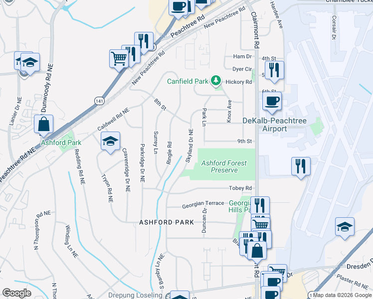 map of restaurants, bars, coffee shops, grocery stores, and more near 2997 Skyland Drive Northeast in Chamblee