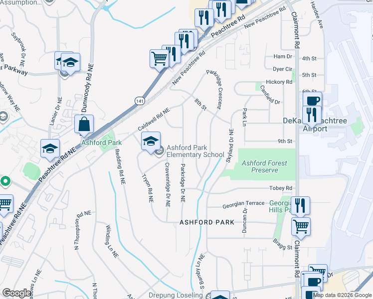 map of restaurants, bars, coffee shops, grocery stores, and more near 2954 Parkridge Drive Northeast in Atlanta
