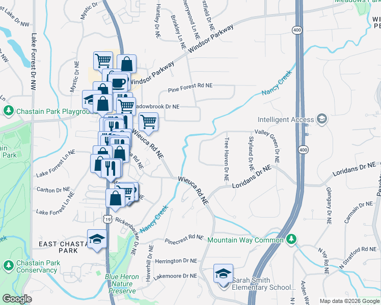 map of restaurants, bars, coffee shops, grocery stores, and more near 410 Valley Green Drive Northeast in Atlanta