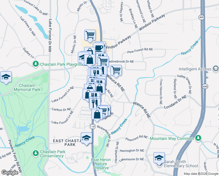 map of restaurants, bars, coffee shops, grocery stores, and more near 4575 West Wieuca Road Northeast in Atlanta