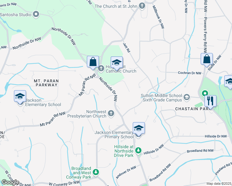 map of restaurants, bars, coffee shops, grocery stores, and more near 4385 Northside Drive Northwest in Atlanta