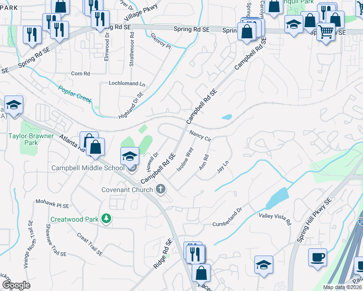 map of restaurants, bars, coffee shops, grocery stores, and more near 3313 Campbell Road Southeast in Smyrna