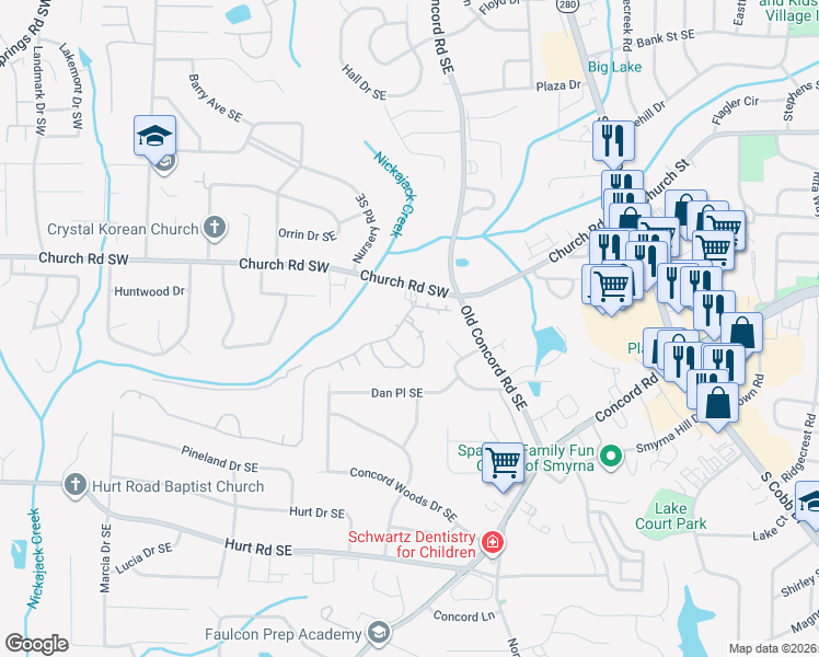 map of restaurants, bars, coffee shops, grocery stores, and more near 291 Trail Pointe Southeast in Smyrna