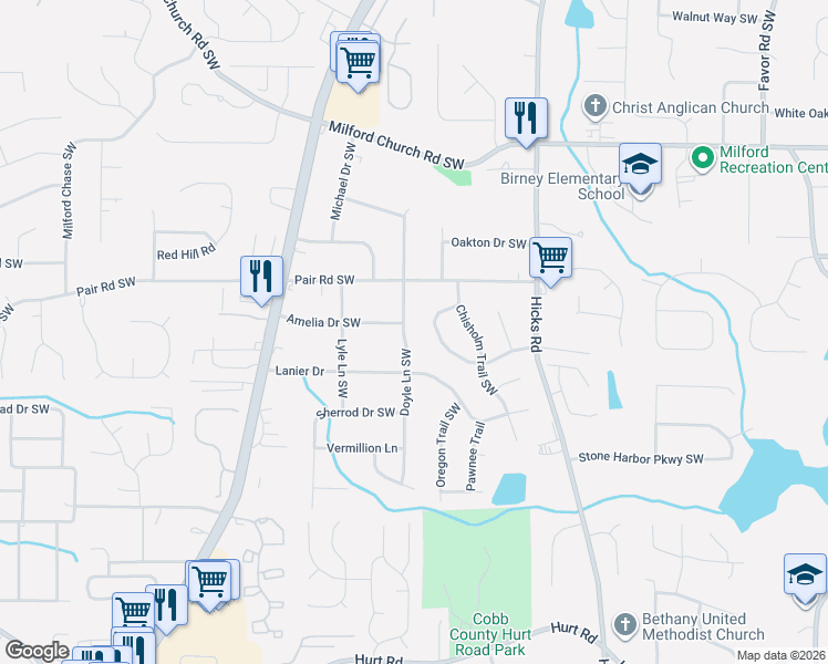 map of restaurants, bars, coffee shops, grocery stores, and more near 3231 Doyle Lane Southwest in Marietta