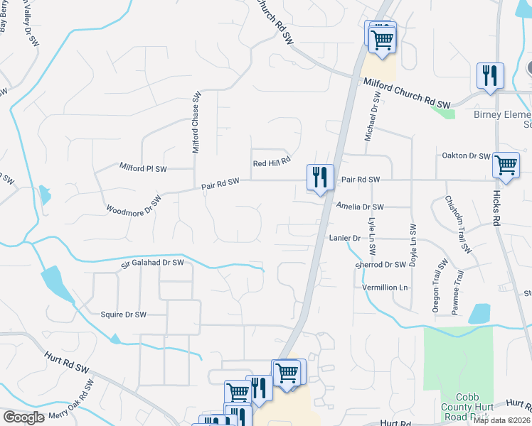 map of restaurants, bars, coffee shops, grocery stores, and more near 1951 Hidden Valley Drive Southwest in Marietta