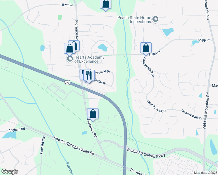 map of restaurants, bars, coffee shops, grocery stores, and more near 5136 Saint Claire Place in Powder Springs