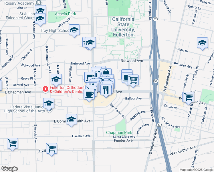 map of restaurants, bars, coffee shops, grocery stores, and more near 2481 E Chapman Ave in Fullerton