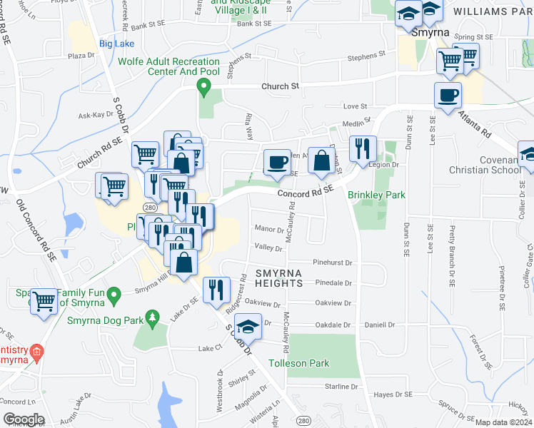 map of restaurants, bars, coffee shops, grocery stores, and more near 1010 Ridgecrest Drive in Smyrna