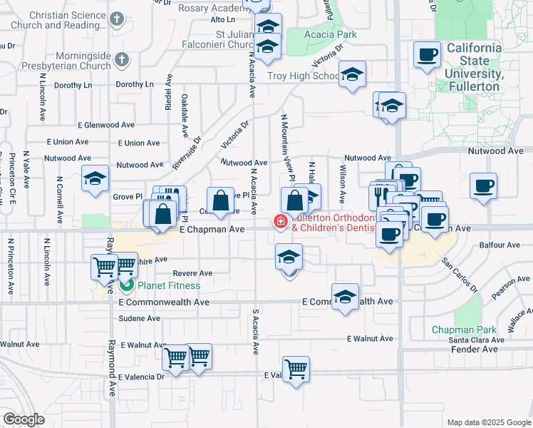 map of restaurants, bars, coffee shops, grocery stores, and more near 1712 Central Avenue in Fullerton
