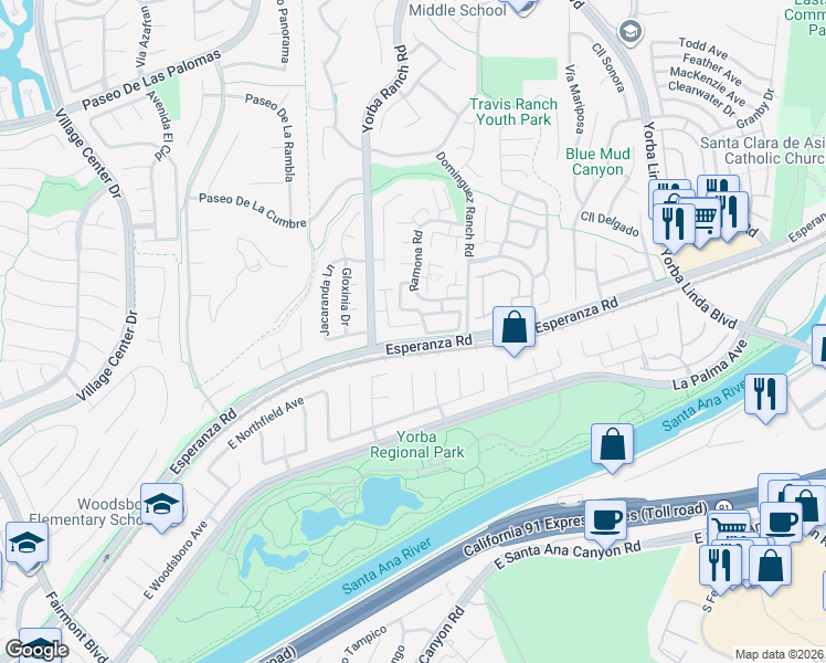 map of restaurants, bars, coffee shops, grocery stores, and more near 6180 Vía Nietos in Yorba Linda