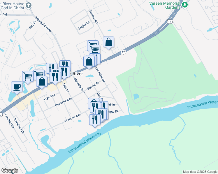 map of restaurants, bars, coffee shops, grocery stores, and more near 4389 Lakeside Drive in Little River