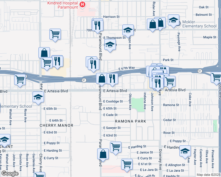 map of restaurants, bars, coffee shops, grocery stores, and more near 2921 East Artesia Boulevard in Long Beach