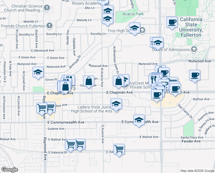 map of restaurants, bars, coffee shops, grocery stores, and more near 1712 Central Avenue in Fullerton