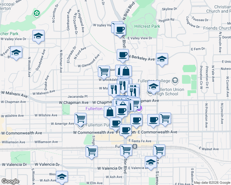 map of restaurants, bars, coffee shops, grocery stores, and more near 130 West Malvern Avenue in Fullerton