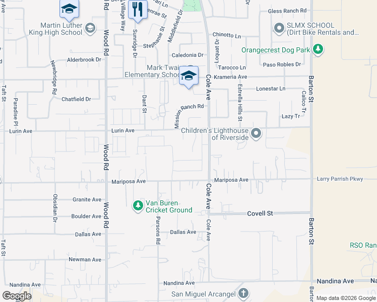 map of restaurants, bars, coffee shops, grocery stores, and more near 19399 Lurin Avenue in Riverside