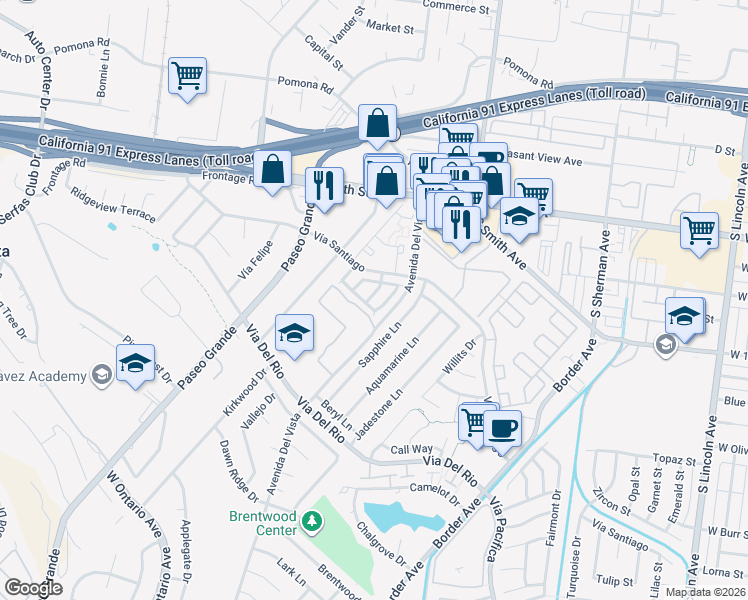 map of restaurants, bars, coffee shops, grocery stores, and more near 869 Encino Place in Corona