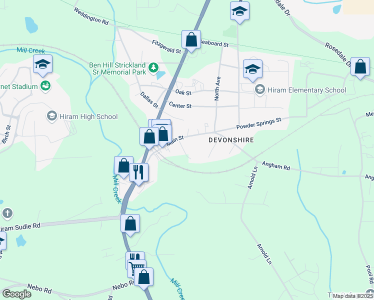 map of restaurants, bars, coffee shops, grocery stores, and more near 238 Main Street in Hiram