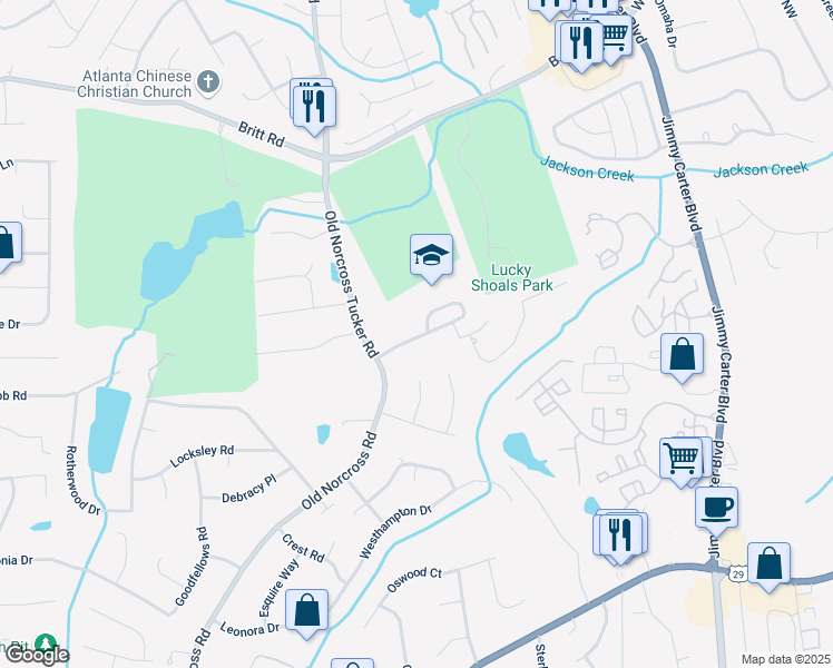 map of restaurants, bars, coffee shops, grocery stores, and more near 6575 Cherokee Drive Northwest in Tucker