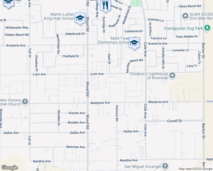 map of restaurants, bars, coffee shops, grocery stores, and more near 19247 Salamanca Street in Riverside